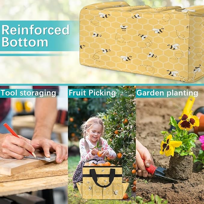 Garden Tote Bag with Pockets Honeycomb Gardening Bags for Tools Organizer Heavy Duty Storage Bag with Handle for Lawn Yard Casual