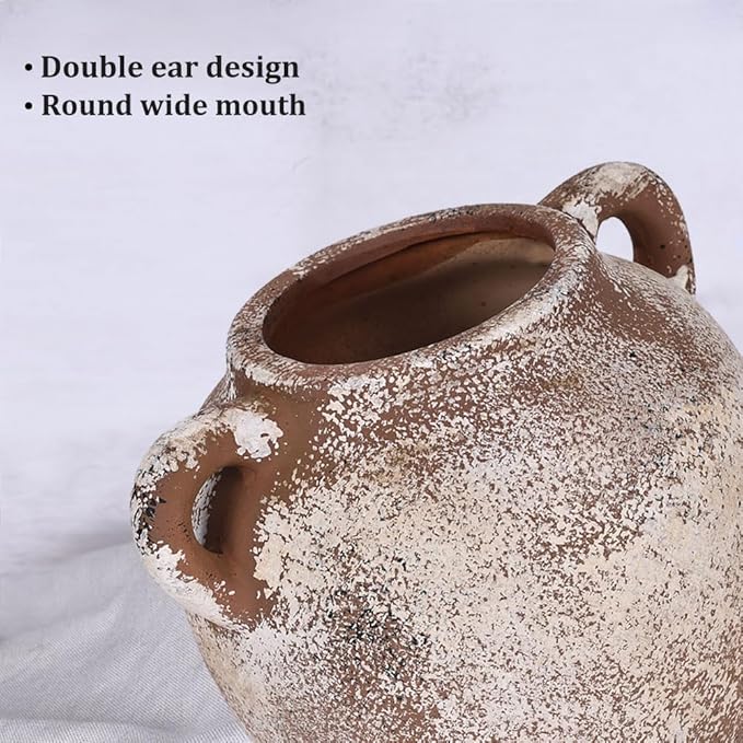 Rustic Farmhouse Ceramic Vase, 6.1" Tall Vintage Pottery Vases, Terracotta Decorative Boho Pampas Flower Vase, Suitable for Home Decor Living Room Entryway Table Bookshelf Mantle Shelf Decor