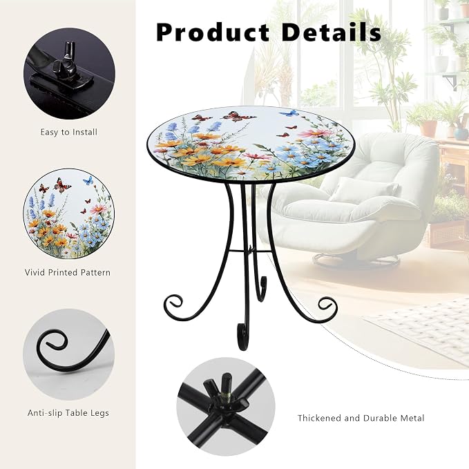 Outdoor Side Table, Flower & Butterfly Round Accent Table, Metal Indoor Small End Tables, 18" Plant Stand Tables for Patio Balcony Garden Bedside