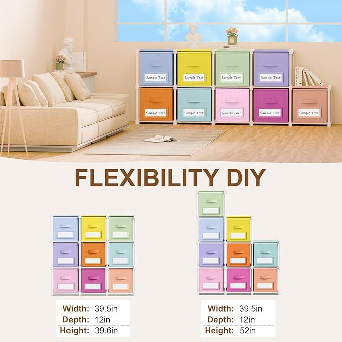 Geelin 9 Sets Cube Storage Organizer Bins with Shelf & Labels 11 Inch, Fabric Collapsible Cubby Toys Clothes Storage Drawer Unit for Daycare Nursery Playroom Bedroom Dorm Organizer (Pastel)
