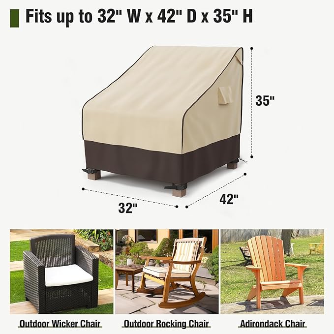MR. COVER Patio Chair Covers Waterproof, Outdoor Furniture Covers for Rocking Chair, Heavy Duty Anti UV Chair Cover, Fits up to 32"W x 42"D x 35"H, Air Vent and Handles Included, Brown & Khaki, 2 Pack