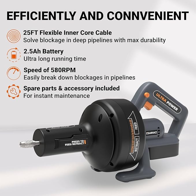 Electric Drain Auger 25ft Cordless Drain Cleaner machine auto feed plumbing snake for kitchen sink, showers, toilet et 3/4-2" Pipe drain clog (Standard) (Upgraded)