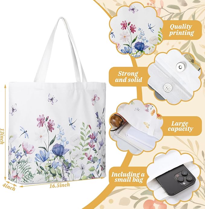 Bencailor 2 Pcs Spring Flower Canvas Tote Bags Reusable Wildflowers Herbs Plant Grocery Bags for Women Shopping Spring Gifts(Stylish)