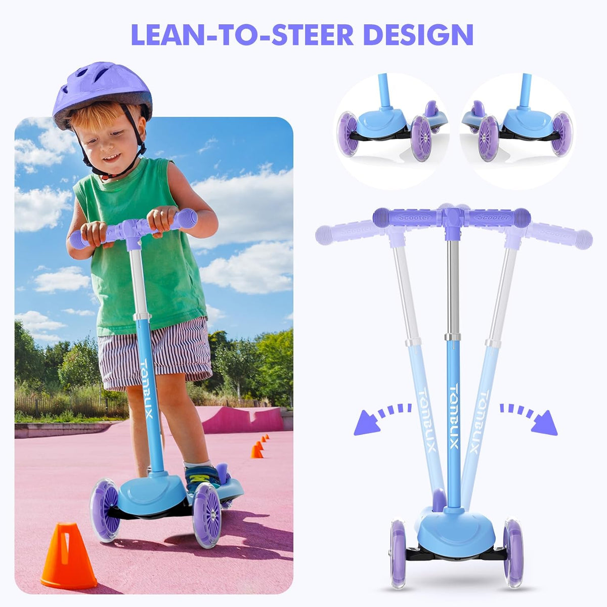 TONBUX Kids Scooter - Light-Up Wheels & Adjustable 4-Level Height | 3-Wheel Lean-to-Steer Design for Ages 3-8