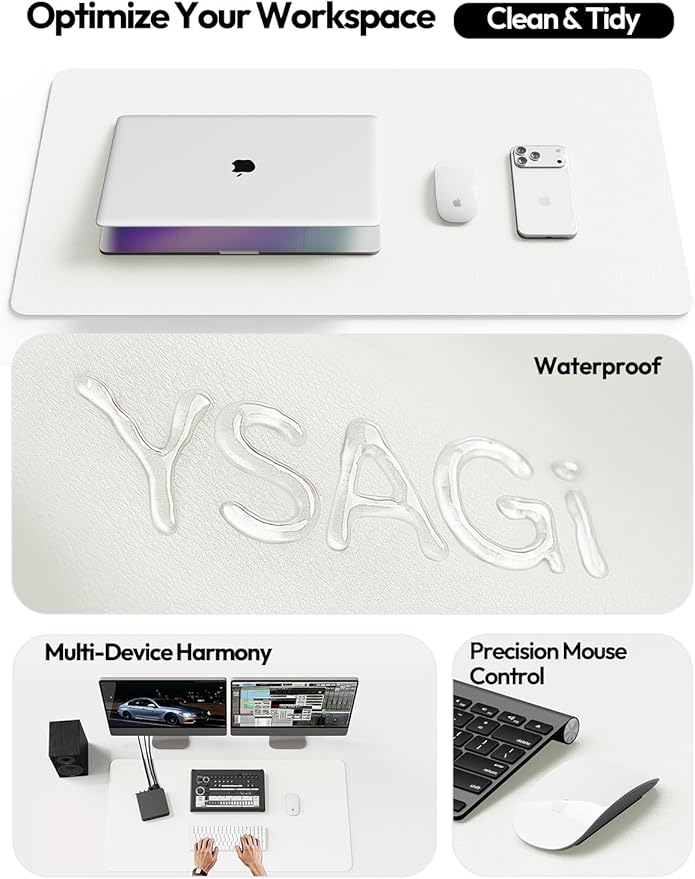 YSAGi Leather Desk Protector, Office Mat, Large Mouse Mat, Non-Slip PU Leather Blotter, Laptop Desk, Waterproof Writing Pad for Office and Home (White, 23.6" x 13.8")