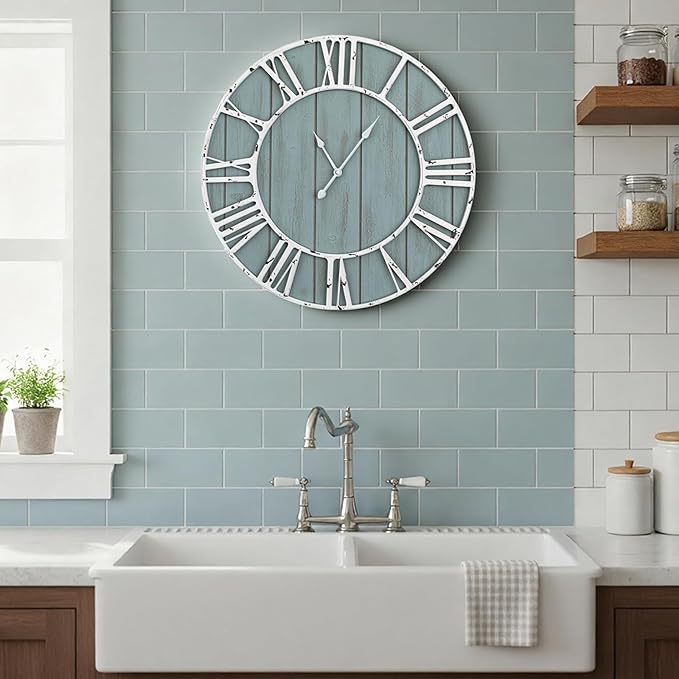 Quelay 20 Inch Coastal Wall Clock, Quiet Ticking Battery Operated, Rustic Retro