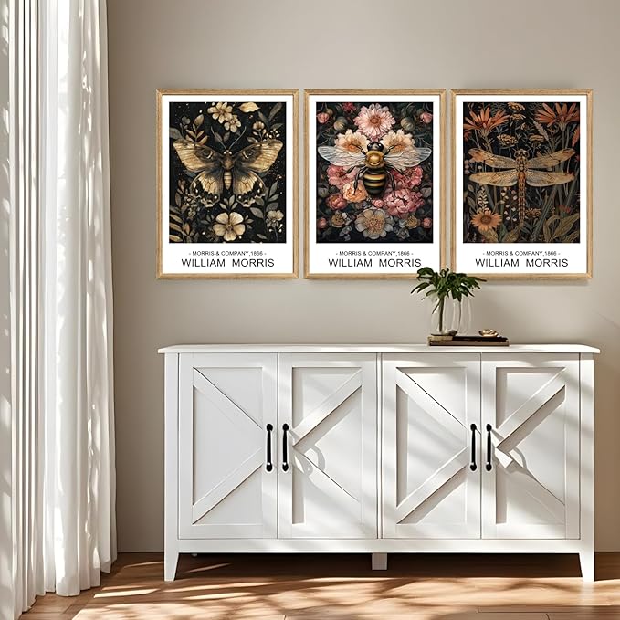 Cyebmo William Morris Wall Art, Vintage Floral Wall Decor, Dark Botanical Art Prints, Butterfly Bee Dragonfly Nature Artwork for Living Room Bedroom Bathroom Wood Framed Ready to Hang 16"x24"x3