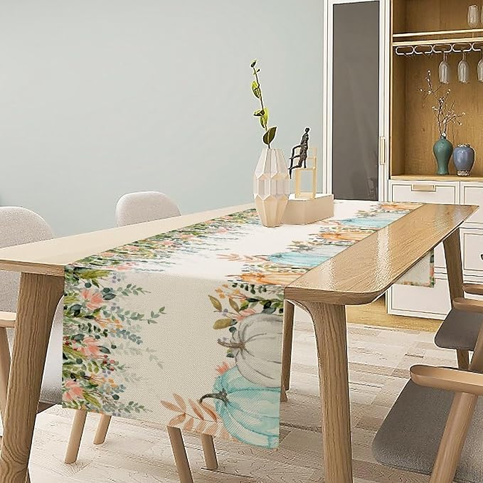 Fall Table Runner Blue Pumpkin Colorful Eucalyptus Leaves Thanksgiving Orange Green Watercolor Illustration Decor for Farmhouse Indoor Outdoor Party Holiday Dining Kitchen Restaurant Cafe W13xL108in