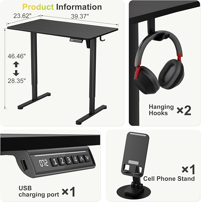 Furmax Electric Standing Desk, 40 x 24 Inches Sit Stand up Desk, Sit Stand Height Adjustable Home Office Desk with 4 Height Position Memory - with Splice Board (Black, 40)