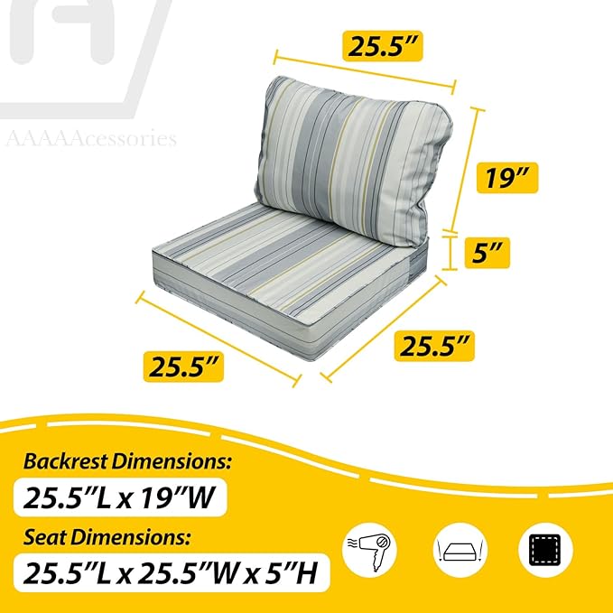AAAAAcessories Outdoor Seat Cushions for Chairs, Fade-Resistant, Waterproof Patio Furniture Replacement Cushions, 25.5" x 25.5" x 5" + 25.5" x 19", Ash Blue Harbor Stripe
