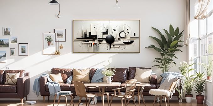 Abstract Wall Art Black and White Modern Artwork Geometric Line Art Canvas Painting Wall Decor for Living Room Bedroom Dining Room Home Office Decor 24"x48" with Framed…