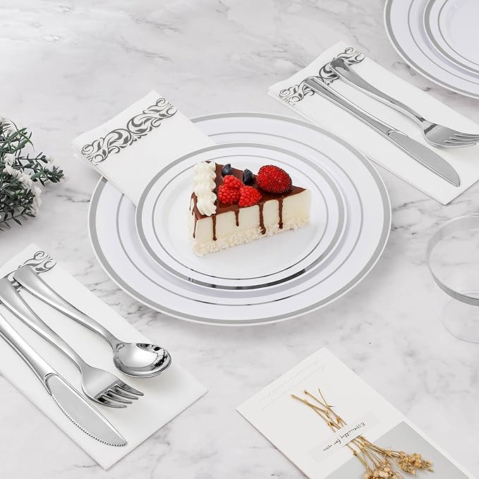 BESTVIP 350 PCS Silver Dinnerware Set for 50 Guests, Plastic Dinnerware Set for Party, Wedding, Christmas, Halloween, Include: 100 Plastic Plates, 50 Silver Silverware, 50 Cups, 50 Paper Napkins