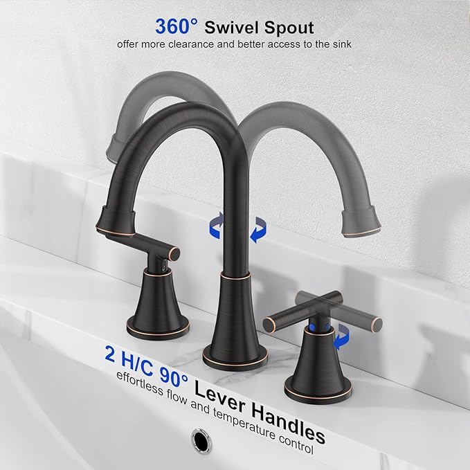 Bathroom Faucets for Sink 3 Hole, Hurran Oil Rubbed Bronze Bathroom Sink Faucet with Pop-up Drain and Supply Lines, Stainless Steel Lead-Free Widespread Faucet for Vanity RV, 2 Pack