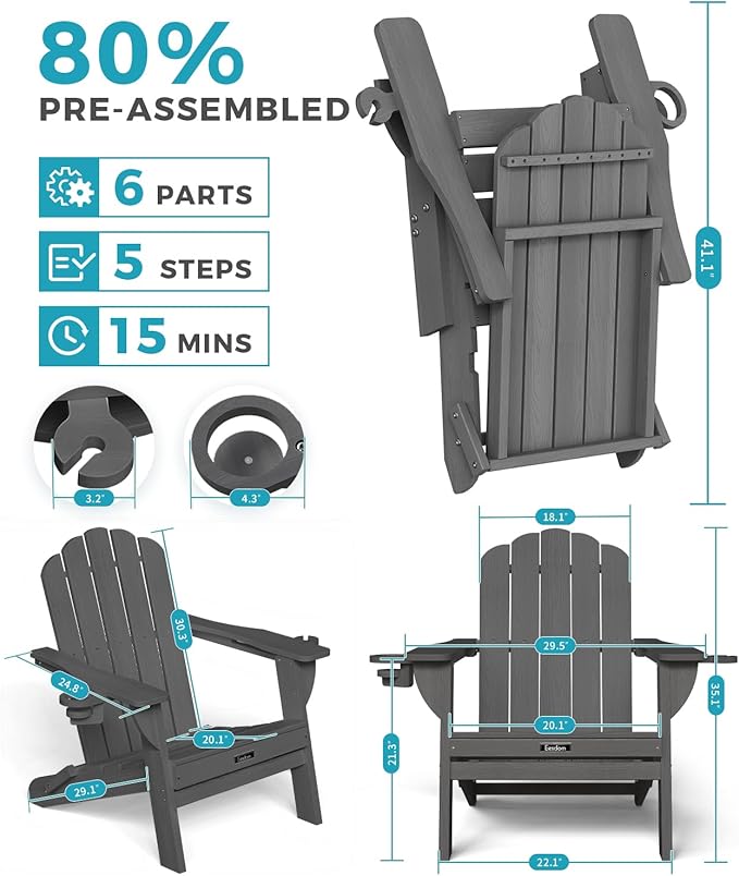 Folding Adirondack Chairs Set of 2,All-Weather HDPE Fire Pit Chair with 2 Cup Holders, Plastic Outdoor Chair for Patio Deck Garden Lawn, Dark Grey