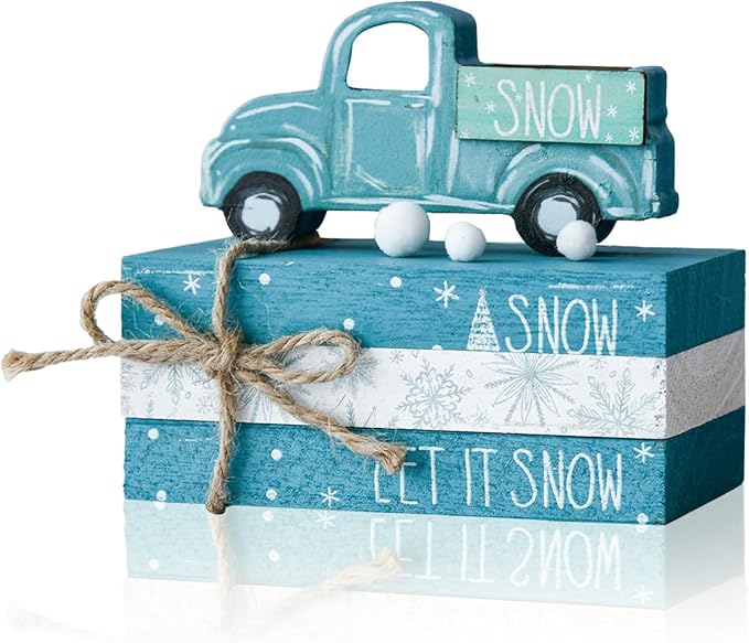 Smile Christmas Wooden Books Stack, Let it Snow Faux Books Bundle, Car Tiered Tray Decorations, for Home Table Mantle Shelf.
