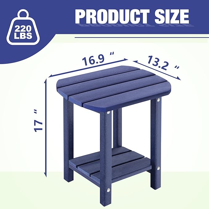 LZRS 2-Tier Patio Side Table, Heavy Duty HDPE Outdoor End Table with Wood Texture, Weatherproof Composite Table for Adirondack Chairs, Deck, Pool, Indoor/Outdoor, No Peeling Cracking(Navy Blue)