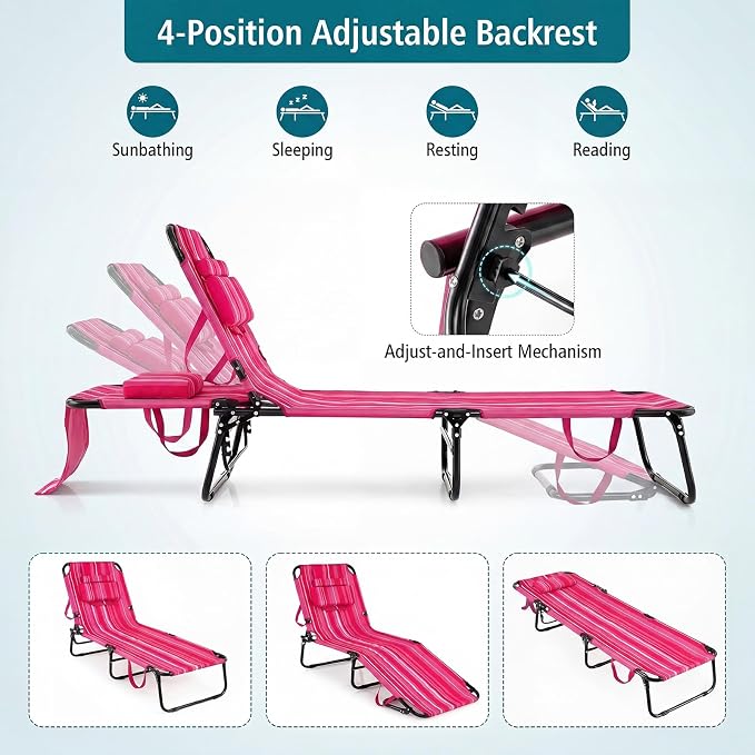 GYMAX Tanning Chair, Folding Lounge Chairs with Face Hole & Cover, Removable Pillow Carry Handle, Portable Compact Outdoor Layout Recliner for Beach, Poolside, Lawn, Patio, Camping (Pink Stripe,2)