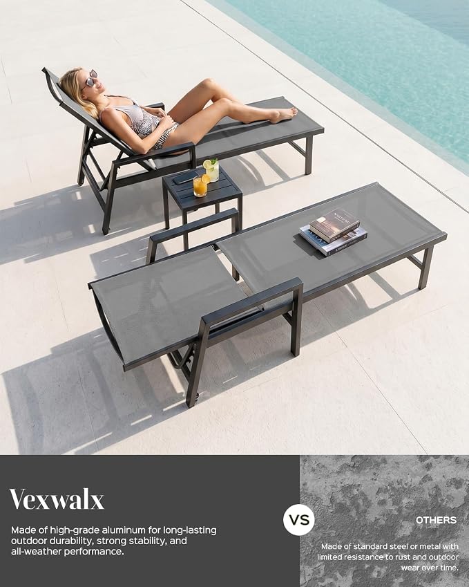 Patio Chaise Lounge Chair Outdoor with Wheels&Armrests, Aluminum Pool Lounge Chairs Five-Position Adjustable Recliner with Side Table, Outdoor Beach Lounge Chairs for Outside, Deck, Yard, Dark Gray