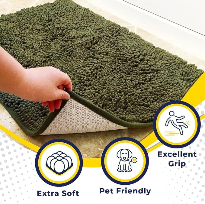 Muddy Mat® | Super Water Absorbent Door Mat Indoor, Microfiber Quick Dry Chenille Entryway Rug, Slip Resistant Front Door Mat, Indoor Mats for Entryway, Machine Washable Pet Rug, Army Green 19"x30"