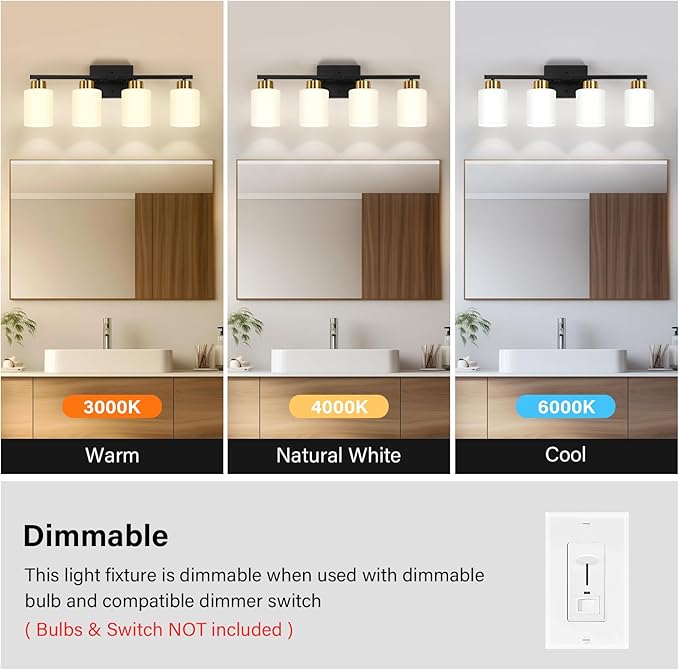 FonmYim Black and Gold Bathroom Light Fixtures, 4-Light Modern Vanity Light