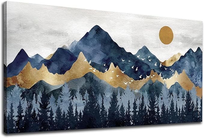 Abstract Nordic Canvas Wall Art - Indigo Blue and Brown Mountain Forest Picture Wall Decor Sun Birds Canvas Painting Nature Landscape Prints Artwork for Living Room Bedroom Decoration 24" x 48"
