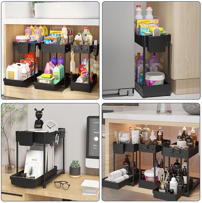 3 Pack Under Sink Organizers,2-Tier Multi-Use Kitchen and Bathroom Organizers and Storage with Sliding Drawers,Bathroom Cabinet Organizer (Black,12.8 Inch)