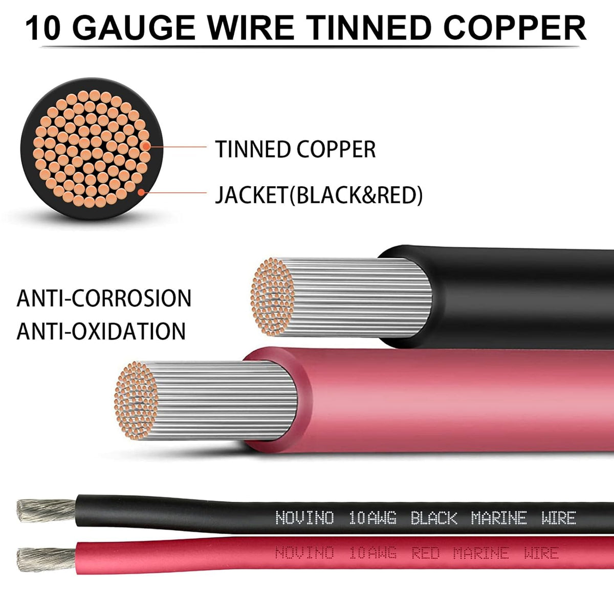 10 Gauge Marine Wire - 10 AWG Tinned Copper Electrical Cable for Boats & Automotive | 20FT Red & Black