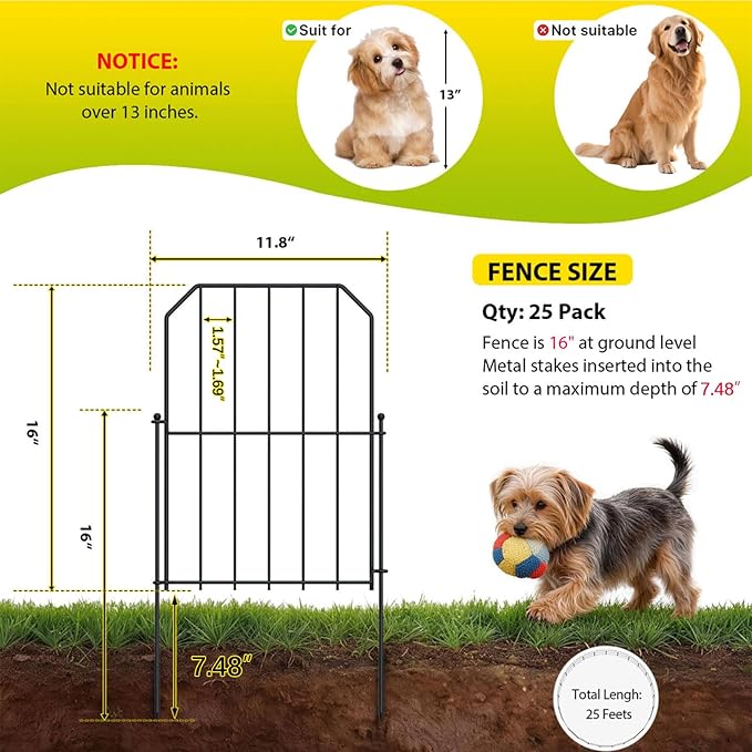 VANCASTLE Decorative Garden Fence, Toatal 25FT(L) x 24IN(H) Outdoor Metal No Dig Fence Animal Barrier, Rustproof No-Tool Assembly Landscape Edging for Yard, Lawn, Patio, Flower Bed-25 Panels Design A