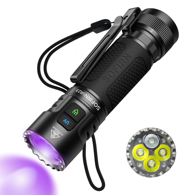 sofirn SR23 3300 Lumens EDC Flashlight USB C Rechargeable, Bright LED Flashlight with UV Light, High Lumens Portable Handheld Dual Sources Pocket Light for Outdoor, Checking, Working, Emergency