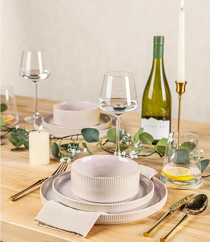 TheTerra Ceramic Dinnerware Sets for 6, 18 Pieces Porcelain Lightweight Plates and Bowls Sets, Scratch Resistant Dish Set, Oven & Microwave & Dishwasher Safe, Primrose Pink