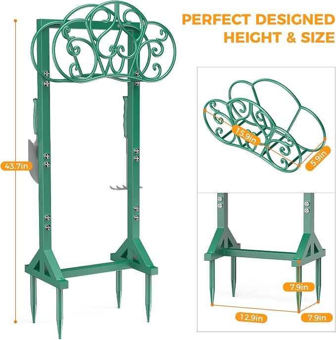 Garden Hose Holder with 2 Tool Hooks Heavy-Duty Freestanding Water Hose Holder Holds 160Ft Hoses, Rustproof Freestanding Hose Stand with 4 Spikes Hose Hanger Storage Rack for Outside, Yard, Lawn