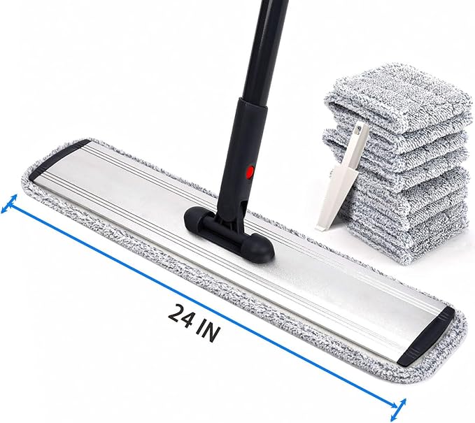 24in Flat Mop for Cleaning Floors, Heavy-Duty Microfiber Wet Mop with Easy Wringing & Deep Cleaning, Includes 4 Reusable Mop Cloths and Adjustable Long Handle