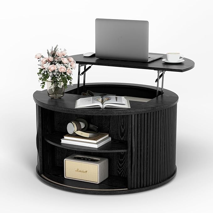 31.5" Black Round Lift Top Coffee Table, Modern Fluted Drum Center Table with Hidden Storage, Minimalist Circle Wood Desk for Living Room & Small Apartment