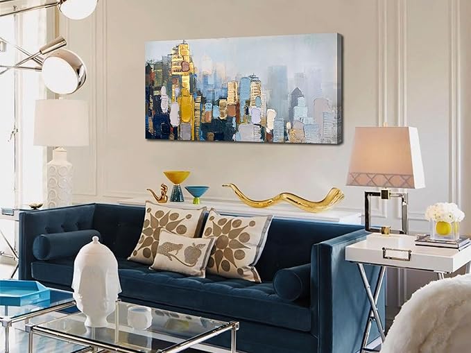 Arjun Abstract Wall Art 3D Textured Skyline Canvas Painting Gold Grey Colorful Modern Cityscape Metropolitan Picture City Artwork Framed Large for Living Room Bedroom Home Office Wall Decor, 48"x24"