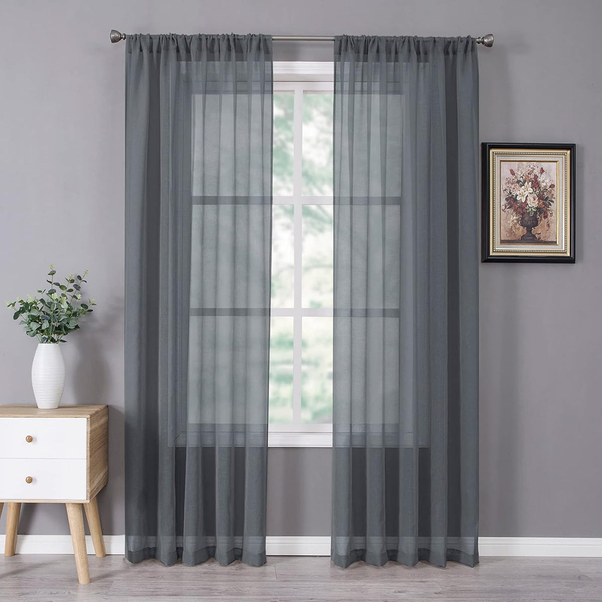 Tollpiz Sheer Curtain Linen Textured Living Room Curtains Sheer Light Filtering Rod Pocket Voile Curtain for Bedroom, 54 x 72 inches Long, Dark Grey, Set of 2 Panels