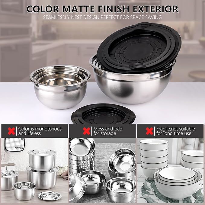 Mixing Bowls with Lids set - 25 PCS Stainless Steel Nesting Black Mixing Bowls Set for Baking, Mixing, Serving & Prepping, Size 5, 3.7, 2.8, 2.3, 1.7, 1.1, 0.7QT, 11 Cooking Utensils