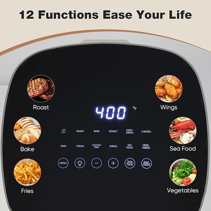 OLIXIS Air Fryer 6 Quart with Window Square Air Fryer 12-in-1 Air Fry, Roast, Reheat, Dehydrate, Bake, Steam, Fries, Custard, Chicken, Wings, Sea Food, Vegetabels,400F Beige