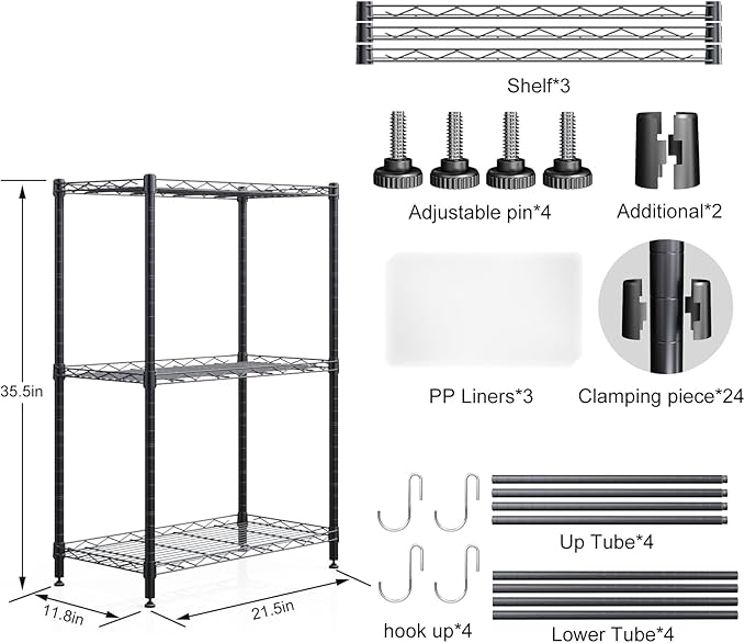 3 Tier Shelves Storage, Wire Shelf Unit, Standing Adjustable Metal Shelves Organizer, Storage Racks for Restaurant Garage Pantry Kitchen Garage（Medium，11.8" W x 21.5" L x 35.5" H）