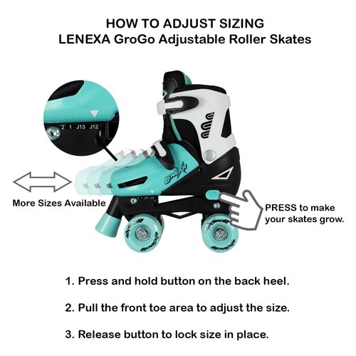 Lenexa Go GRO Adjustable Quad Roller Skate Bundle – Kids Roller Skates with Wrist Guards, Knee Pads, Elbow Pads, and Matching Backpack (Black, Teal, Adjustable Medium (12J to 2)