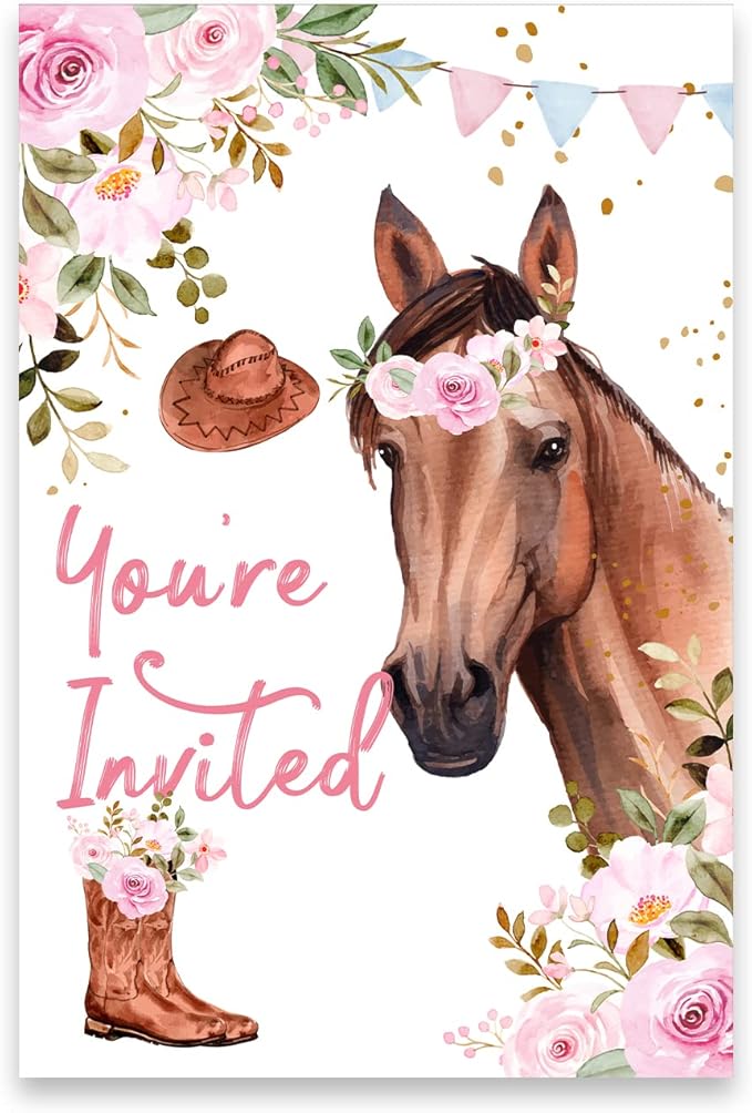 Soiceu Floral Horse Birthday Party Invitations with Envelopes Set of 20 Girl Saddle Up Watercolor Cowgirl Horse Invitations Invites Fill in Blank