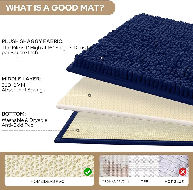 HOMEIDEAS 3 Pieces Bathroom Rugs, Ultra Soft Non Slip Absorbent Chenille Toilet Bath Mat Set (Navy Blue)