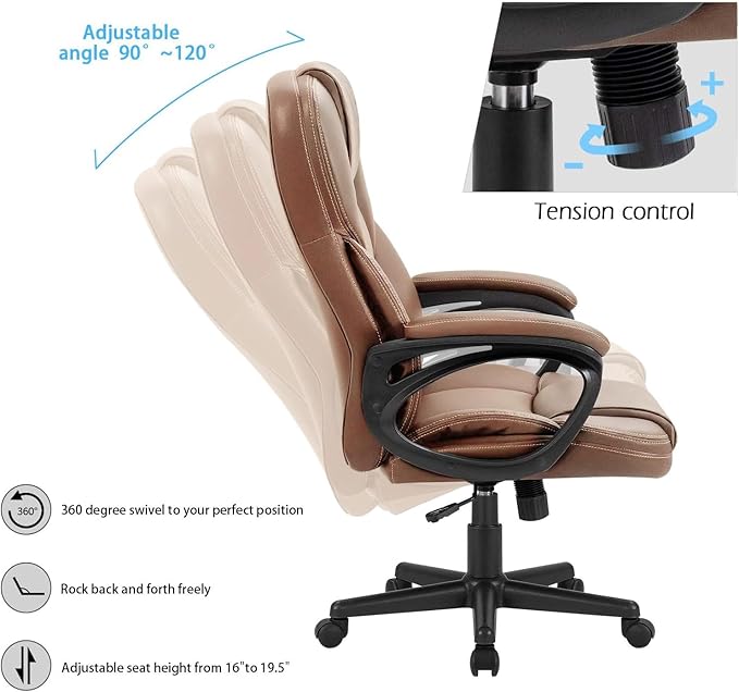 Furmax Office Executive Chair High Back Adjustable Managerial Home Desk Chair, Swivel Computer PU Leather Chair with Lumbar Support (1, Light Brown)