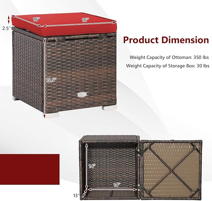 Tangkula 2 Pieces Patio Ottomans, Patiojoy Hand-Woven PE Rattan Side Table with Removable Cushion & Hidden Storage Space, Multifunctional Storage Box, Seat for Patio, Backyard, Poolside (Red)