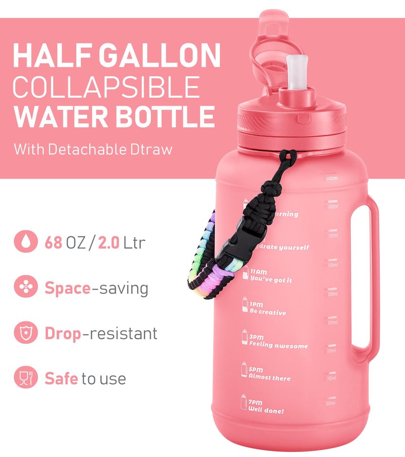 TakeToday 68 oz Collapsible Water Bottles with Straw, Half Gallon Water Bottle with Motivational Time Marker, Large Reusable Silicone Water Jug with Paracord Handle for Sports, Outdoors (Black)