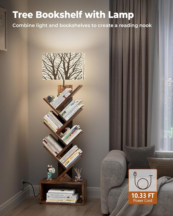 Evermagin Tree Bookshelf with Light, 6 Tier Small Bookcase, Narrow Floor Standing Book Tower Organizer with Storage Cabinet for Living Room, Bedroom and Home Office, Rustic Brown