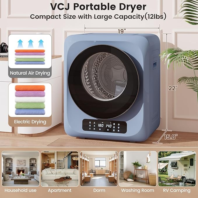 VCJ Portable Dryer for Laundry, 12lbs Clothes Dryer with 6 Drying Modes & 8H Timer, LED Display 850W Front Load Compact Electric Dryer for Apartment, RVs, Dorms