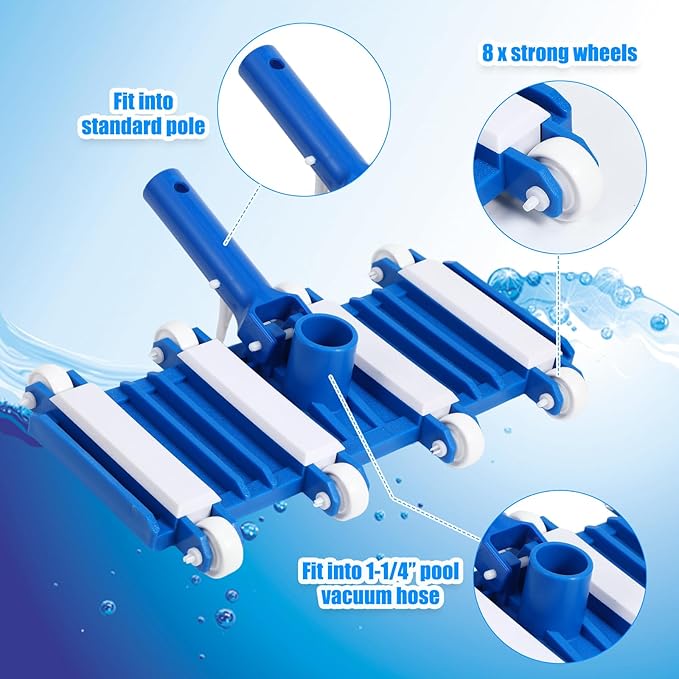 14" Swimming Pool Vacuum Head with 47" Long Pool Pole and 1-1/4" x 18ft Pool Vacuum Hoses Flexible Pool Vacuum Head with Wheels for Inground Pool Cleaning