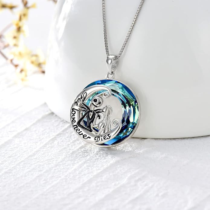 LILALO Christmas Gifts Nightmare Necklace Sterling Silver Abalone Shell Crystal Jack and Sally Necklace Jack Skellington Skull Jewelry Skull Necklaces for Women