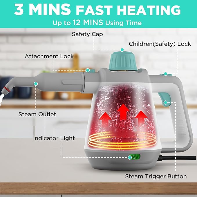 HAUSHOF Handheld Steam Cleaner, Steam Cleaner for Home with Tool Bag & Safety Lock, 11 pcs Accessories, Multi-purpose Natural Steam Cleaner for Cleaning Floor, Car, Upholstery, Grout and Grease