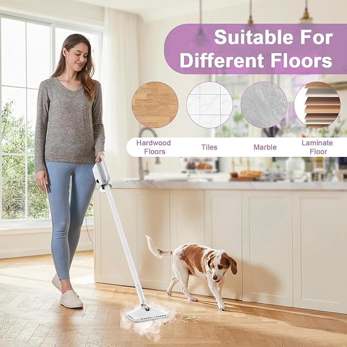 6-in-1 Steam Mop, 1200W Rotated Steam Cleaner for Home, 2 Modes, 400ML Removable Tank, 23FT Power Cord, 2 Pads, Multi-Surface Steamer for Hard Floor, Laminate Floor, Tiles Cleaning (First Frost)